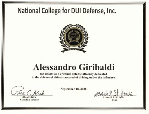 National College for DUI Defense certificate recognizing Alessandro Giribaldi, dated September 18, 2026